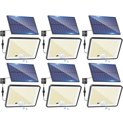 LOTMOS 6 Paquete Luz Solar Exterior Jardin, 342LED/Mando a Distancia Focos Led Exterior Solares Sensor De Movimiento, IP65 Impermeable Lampara Solar, 3 Modos Luces Solares Led Jardin, Garajes