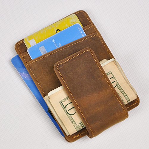 Image of Le'aokuu Genuine Leather Magnet Money Clip Credit Card Case Holder Slim Wallet