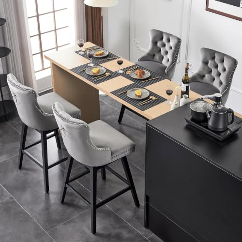 Image of Grey Swivel Bar Stools, Velvet Counter Height Bar Stools Set of 4 | 360 Swivel Bar Chairs, Solid Wood Legs, Upholstered Kitchen Island Stools, Modern Extra Wide Seat (Grey, 30 inch H, 4 Pack)