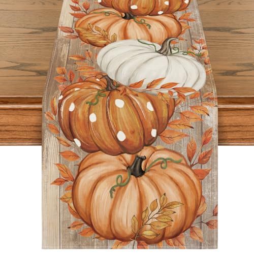 Artoid Mode Orange Polka Dot Pumpkin Eucalyptus Wood Fall Table Runner, Seasonal Autumn Kitchen Dining Table Decoration for Home Party Decor 13x72 Inch