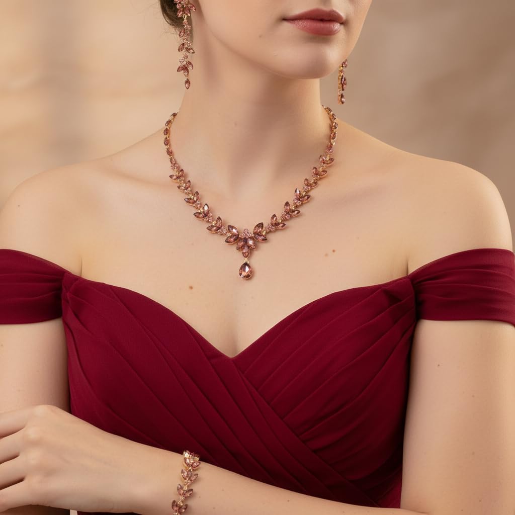 EVER FAITH Juegos de Joyas Mujer Cristal Austriaco Hoja Elegante Marquesa Conjunto de Collar Pendientes y Pulsera de Tenis para Boda