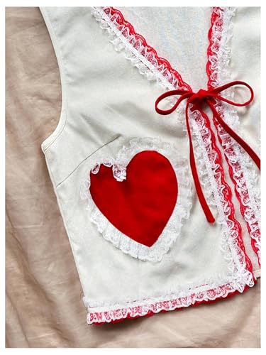 MakeMeChic Women's Cute Tie Front Vest Heart Lace Trim V Neck Tops Sleeveless Pocket Outerwear4