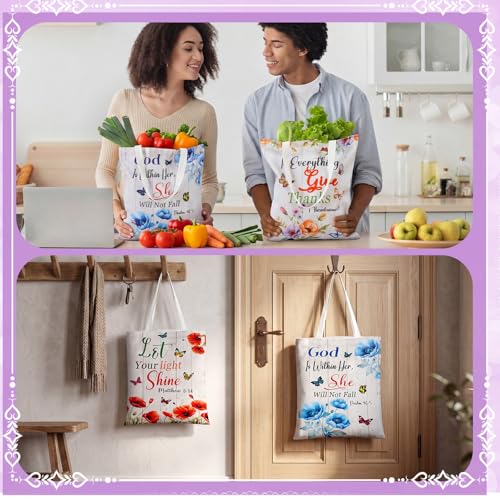 Image of Paterr 12 Pcs Christian Bible Canvas Tote Bags Bulk for Women, Reusable Religious Back to School Gift Bags with Handles, Inspirational Bible Verse Floral Canvas Handbags for Teacher Church Party Gifts