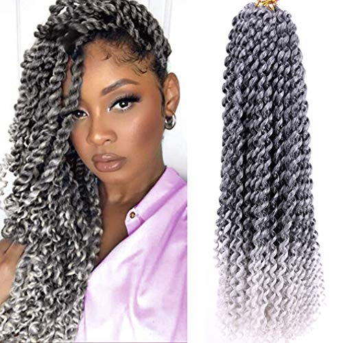 6 Packs Water Wave Crochet Braid Passion Twist Synthetic Hair Braid 18 Inches Ombre Bohemian Curly Wave Braiding extensions(22 Strands/pack,T1/Grey#)