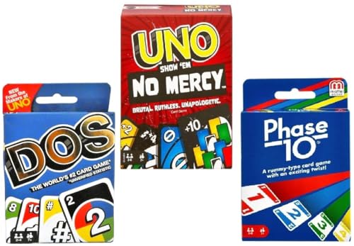 Mattel Uno No Mercy, Dos und Phase 10 Kartenspiel, Combo 3er Pack