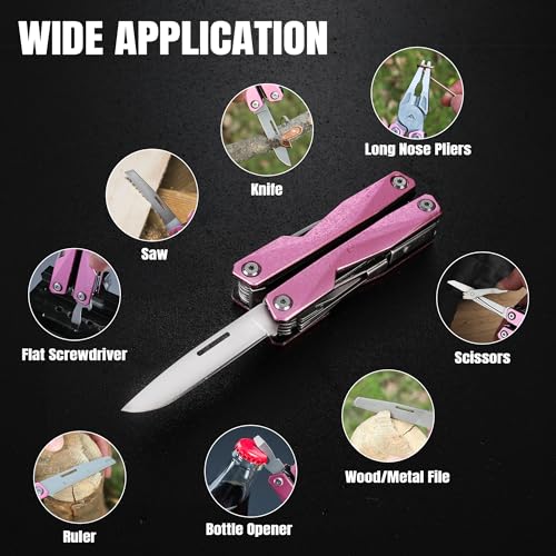 FLISSA-Multitool-16-in-1-Pink-Stainless-Steel-Multi-Tool-EDC-Multitool-with-Pocket-Knife-Screwdriver-Pliers-Safety-Locking-and-Sheath-Utility-Multi-Tool-for-Camping-Survival-Outdoor-Activities