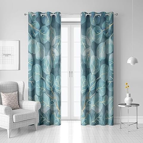 Blue Gold Leaves Branches Blackout Curtains 84 Inches Long, Abstract Curtains for Living Room 2 Panels Set, Grommet Top Thermal Insulated Room Darkening Curtains & Drapes for Bedroom Living Room Cover