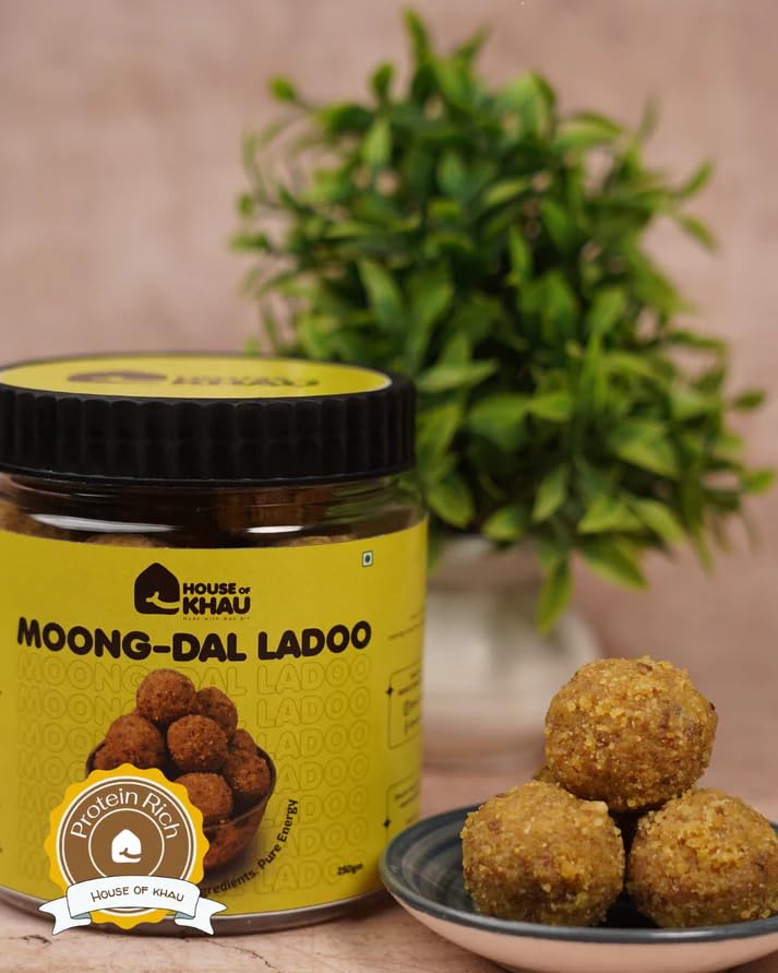Image of HOUSE OF KHAU Moong Dal Ladoo with Traditional Lentil Sweet Flavour | No Sugar & Preservatives | Homemade Style Treat Made with Dry Anjeer, Jaggery & Ghee | Tea Time Snacks Munching (300 Grams)