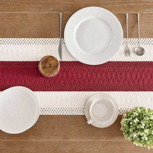 Image of ZeeMart Macrame Style Bicolor Stitching Table Runner, 14 x 36 Inch Red /Ivory, Boho Table Runners 36 Inches Long, Farmhouse Woven Home Decor