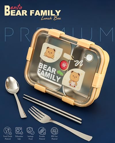 Image of Brand Conquer Lunch Box Leak-Proof BPA Free Stainless Steel for School, Lunch Box for School & Office with a Fork, a Spoon and a Pair of Chopsticks (Yellow, Bear Family 2 Compartment)
