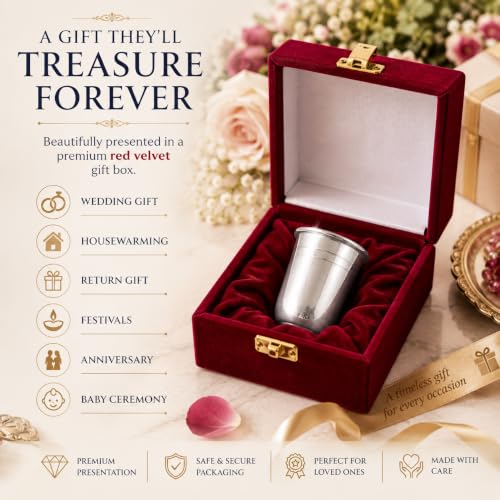 Image of 985 Silver Glass /Tumbler for Drinking Water, Handmade Chandi Glass for Pooja & Daily Use, 60 ml, Premium Red Velvet Gift Box for Temple, Wedding, Housewarming