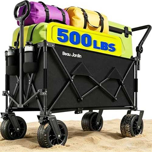 BEAU JARDIN Carrello Pieghevole Giardino Tela Vagoni Carrello da Trasporto con 4 Ruote e in Acciaio Carrello Rimorchio a Mano da Trasporto Carico Massimo 100KG Blu