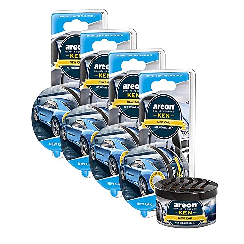 Image of AREON Ken Car Air Freshener - New Car Scent, Long-Lasting Fragrance - Portable Fragrant Deodorizer with Adjustable Odor Output - Automobile Accessories & Essentials - 1.23 Oz. Cans, Pack of 4