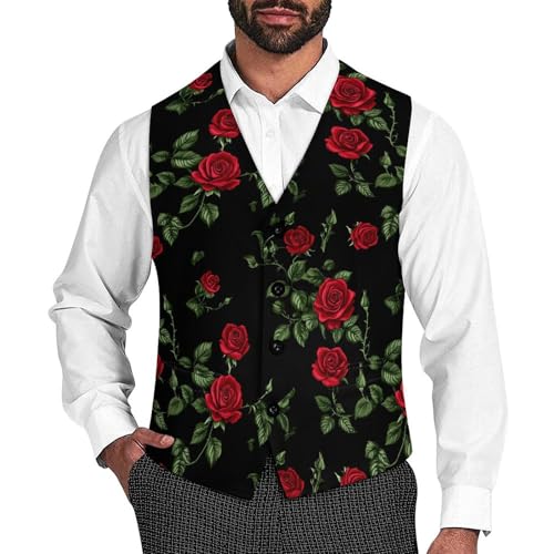 Rose Flower Suit Vests for Men Casual Formal Party Dress Button Waistcoat Vest