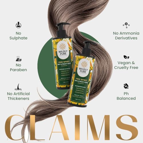 Image of Wildly Pure Natural Shampoo for Dry & Frizzy Hair | Vitamin E & Omega 3,6 & 9 | 66% decrease in Frizz in One wash | Sulphate, Paraben Free | Men & Women | 150mL (Free Spirit)