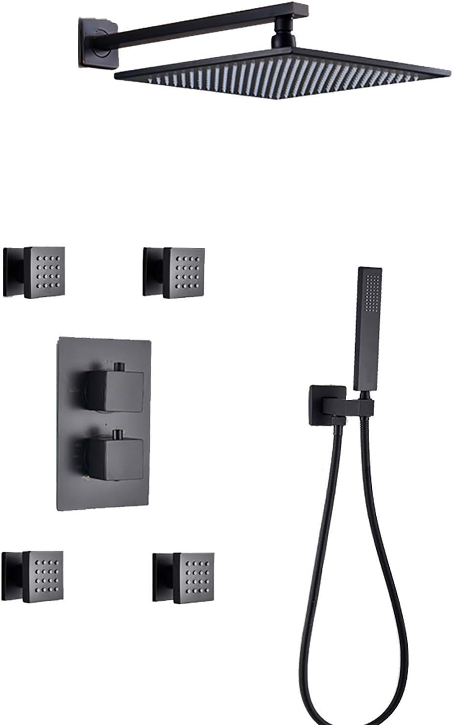 OZBMA Matte Black Thermostatic Rain Mixer Shower Combo Set Wall Mounted Bathroom Faucet with Head, Handheld Shower, Body Jets,A-8 tum (A 16 tum)