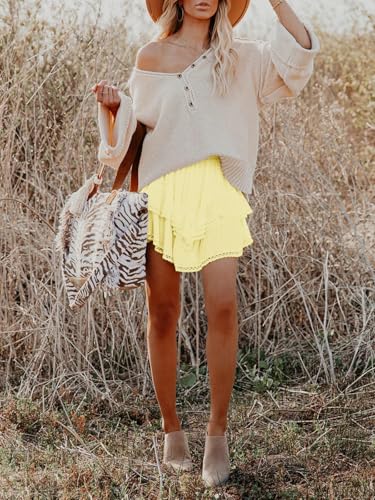 Image of Aoudery Flowy Shorts for Women Casual Boho Ruffle Tiered Skorts High Waist Mini Skirts Golf Tennis Crochet Shorts