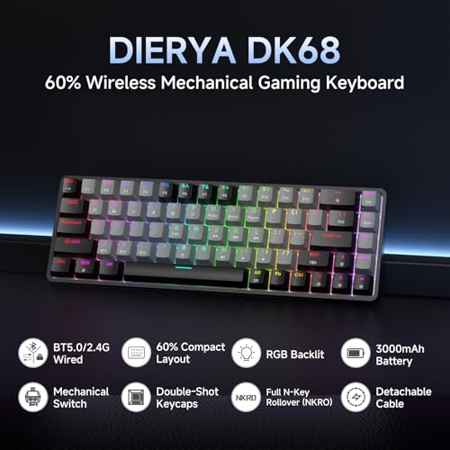 Image of Dierya DK68 Wireless Gaming Keyboard - 68 Keys Mechanical Keyboard USB-C /Bluetooth /2.4G, RGB Lighting, Clicky Blue Switch, QWERTY Layout, Black /Grey