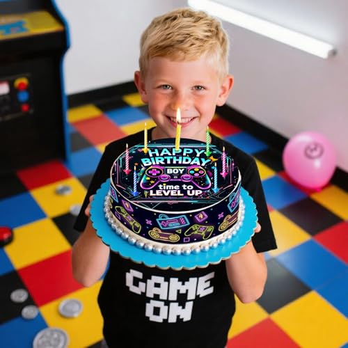 Tortendeko Essbar Gamer Neon,Ø 20cm Tortenaufleger Gamer, mit Tortenband Game 4 Stück á 24cm x 5cm,Tortenaufleger Gaming,Kreative Tortendekoration,Geburtstagstorte für Jungen,Tortenau Decoration Foto