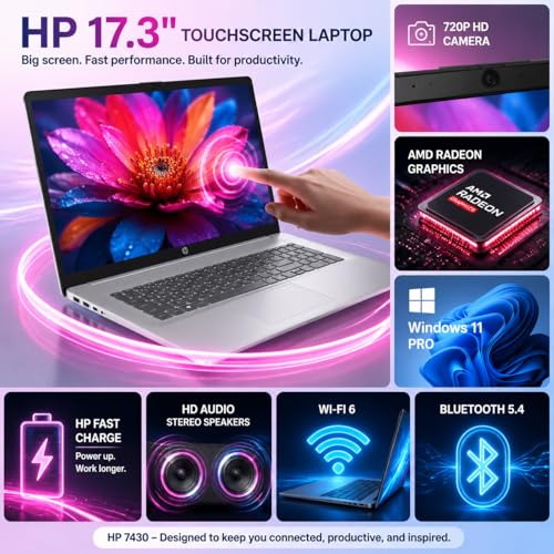 Image of HP 17.3 inch Business Laptop, 17.3 inch HD+ Anti-Glare Touchscreen, AMD Ryzen 5 7430U (6-Core), Wi-Fi 6, True Vision HD Camera, Windows 11 Pro, AI Copilot, HDMI, (32GB RAM | 1TB SSD)