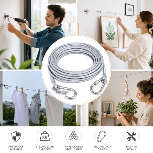 Image of Steel Cable Heavy Duty Clothesline Drying Rope 10 Meter with Hooks | Wire Rope with Clamps and Thimbles for Zipline, Fencing, Deck Railing, Winch Cable (Pack of 1)