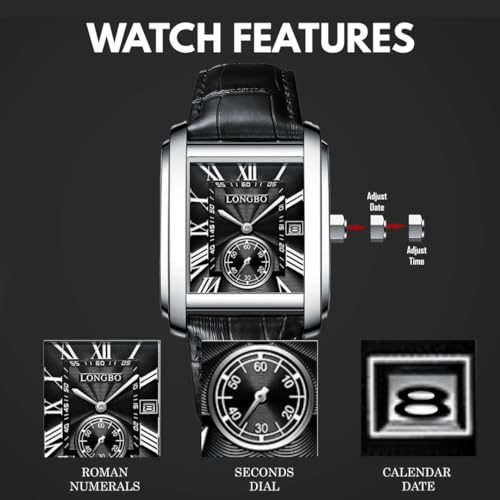 Image of LONGBO Mens Watch Rectangular Shape Alloy Case Business Casual Genuine Leather Strap with Seconds Subdial | Calendar Date | Scratch Resistant Waterproof Watches for Men