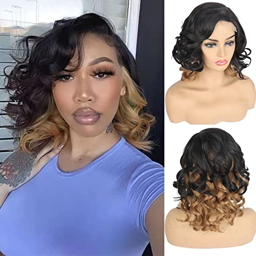 Aisaide Body Wave Lace Front Bob Wigs Short Curly Bob Wig Lace Front Synthetic Hair Ombre Lace Front Wigs Black Mixed Brown 1B/27 Lace Front Wig Side Part Natural Curly Wave Wigs 14Inch