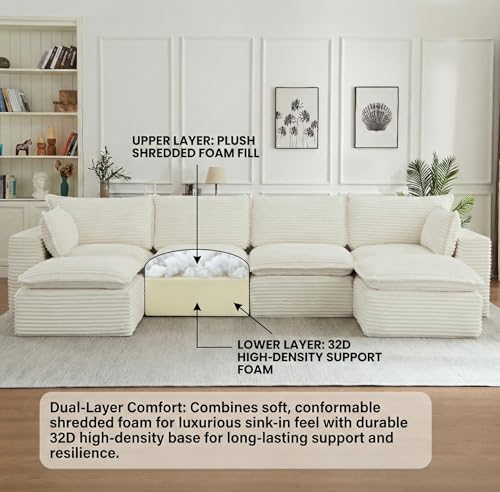 Image of 140 inch Luxury Boneless Couch, 6 Piece Modular Sectional Sofa - Oversized Cloud Couch with 2 Ottomans, Extra Thick Double-Layer Seat Corduroy Fabric, Modern Foam Sofa for Living Room