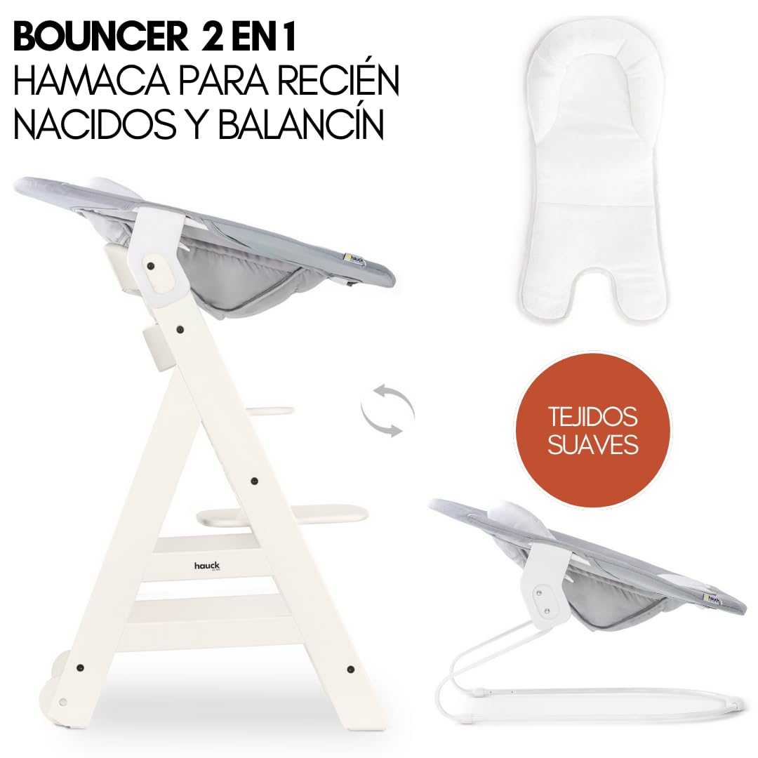 hauck Beta Plus Newborn Set - Trona Evolutiva Madera con Hamaca Bebé Recien Nacido Cojín y Bandeja - Trona Evolutiva Bebe con Ruedas - Silla Evolutiva - Blanco