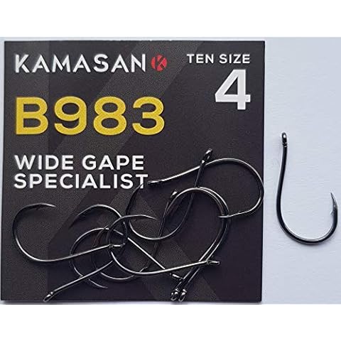 KAMASAN B983 WIDE GAPE SIZE 4 FISHING HOOKS WITH ANGLED EYE CARP COARSE TACKLE PERCH DROP SHOT DROPSHOTTING (10 HOOKS PER PACKET) Cover