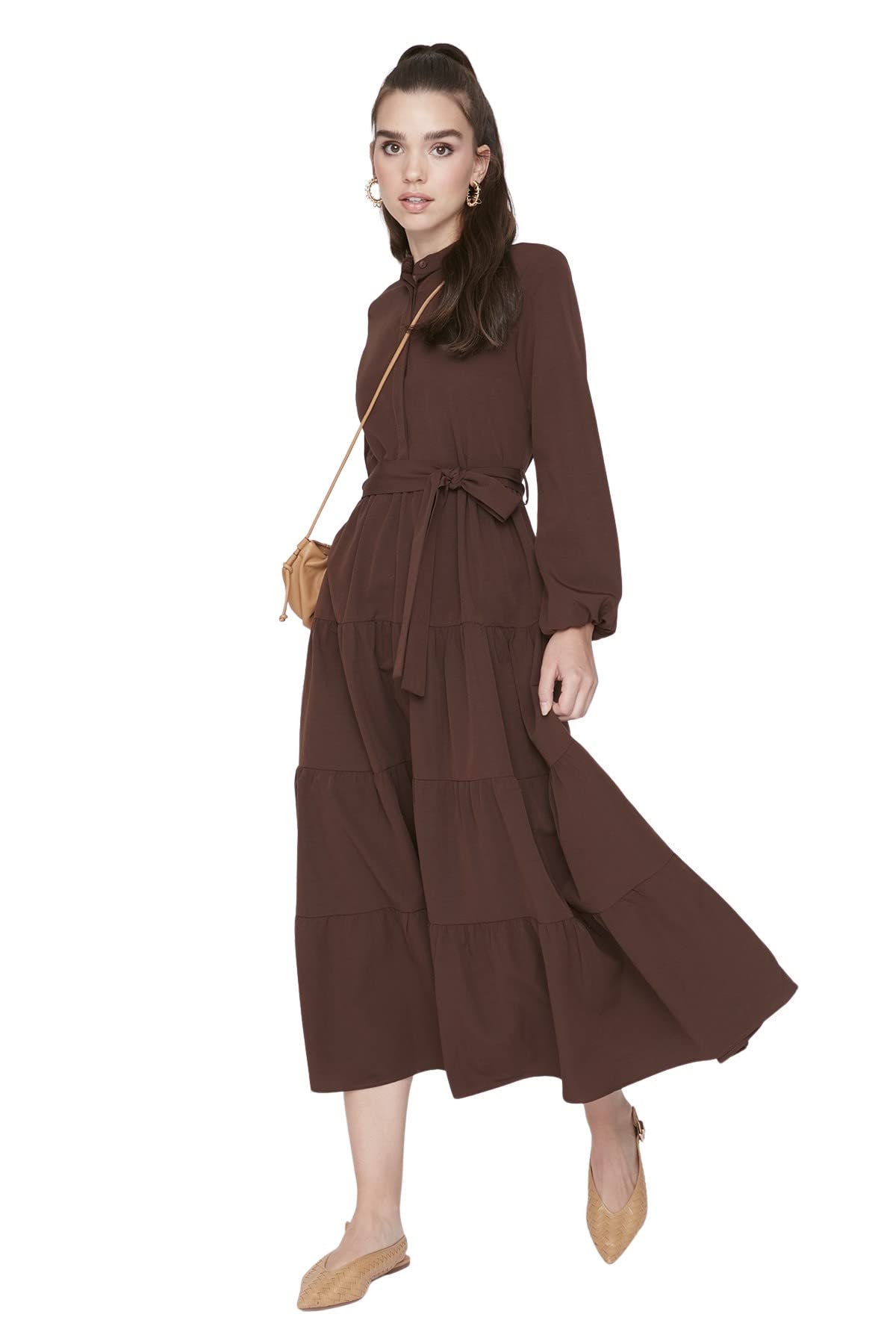 Trendyol Damen Dark Brown Gerade Maxi Lange Ärmel Lässig/Lässig Entspannt Hijab-Kleid