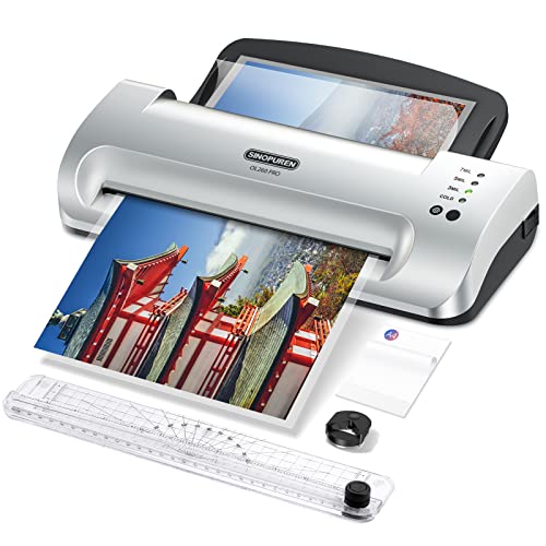 Laminator Machine, SINOPUREN Thermal Laminator 9-inch, with Paper Trimmer, Corner Rounder, 10 Letter Size Pouches Sheets, Quick Warm-Up, Cold and Hot Laminating for Home/School/Office