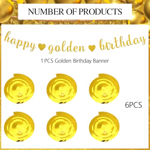 Image of Happy Golden Birthday Banner with 6 Hanging Swirls: Pre-Assembled Glitter Banner & Metallic Foil Swirls for Golden Birthday Party Decor, Indoor Wall & Ceiling Decorations