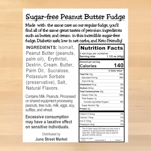 June Street Market Gourmet Sugar Free Fudge, Made with Real Butter, 6 oz. (Peanut-Butter)