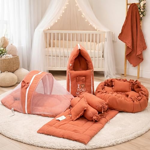Image of Fareto Combo of Baby Bed with Net | Carry Bag | 4 Pcs Bedding Set (0-6 Months, Baby Size, Cotton) (M Gajri)