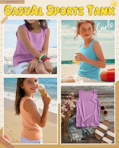 Image of 3 Pack Girls Square Neck Tank Tops | Basic, Sleeveless T-Shirts, Casual Summer Tanks, Kids Undershirts, School, Size 5-14 Years, Comfy, Elasticity