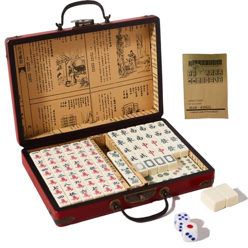 JETAINE Mini Chinese Mahjong Set 144PCS Mahjong Tiles Gathering Table Games Set Mah Jong Game kit with Leather Carrying Case Box Portable Majong Game Set with 2 Dice for Travel Party Family