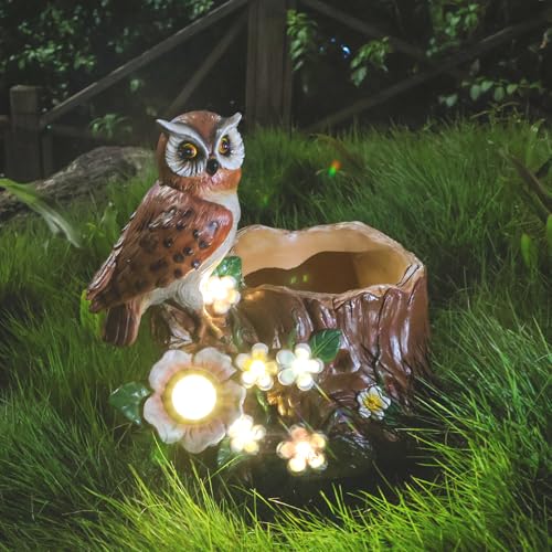 Solar Garden Planter Owl Decor Outdoor Statue Large Owl with Stump Planter for Patio Lawn Yard Balcony Ornament Housewarming Gift