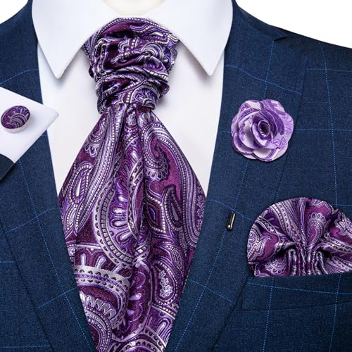 Image of DiBanGu Mens Silk Ascot Ties Paisley Jacquard Woven Cravat and Pocket Square Cufflinks with Lapel Pin for Business Wedding