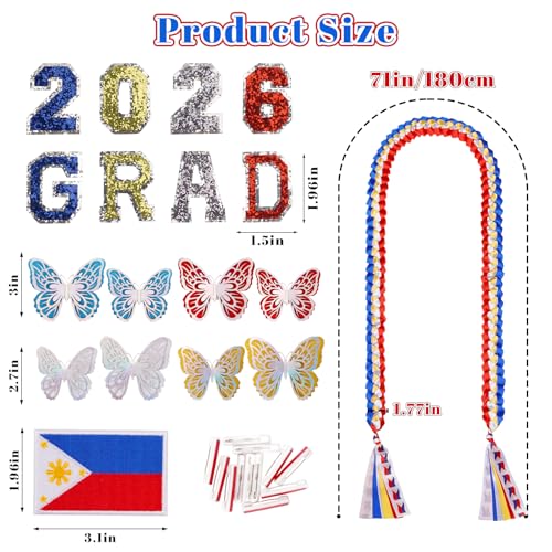 Image of Class of 2026 Philippines Graduation Leis,Double Gold Graduation Lei Ribbon with Butterfly and Pins Accessories,Flowers Congrats Graduates Money Lei Handmade Graduation Gift for Her College