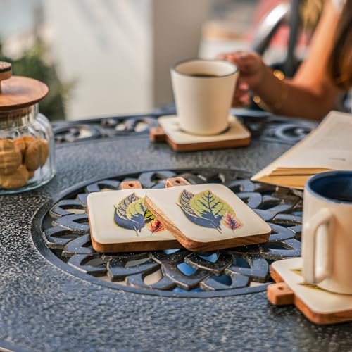 Image of Ireka Home Timber Leaf Coaster Set of 4 | Acacia Wood with Enamel Botanical Leaf Design | Coaster Set Fit for Tea Cups, Coffee Mugs and Glasses