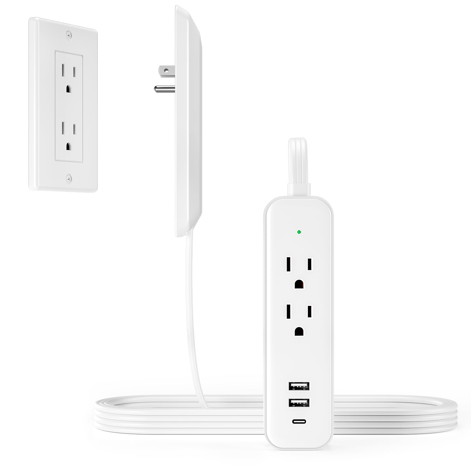 Flat Socket Extension Cord 5 FT Surge Protector Power Strip with 2 AC Outlets 1 USB C and 2 USB A Ports, Multiple Wall Outlet Extender Suitable for Home Dorm Desk Garage Work Travel Apartment (5FT)