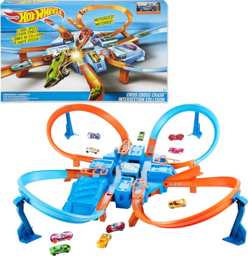 Image of Hot Wheels Track Set with 1:64 Scale Toy Car, 4 Intersections for Crashing, Powered by a Motorized Booster, Criss-Cross Crash Track (Amazon Exclusive) | Playset with 1:64 Scale Toy Car &4 Intersections for Crashing, Powered by a Motorized Booster (Amazon Exclusive)