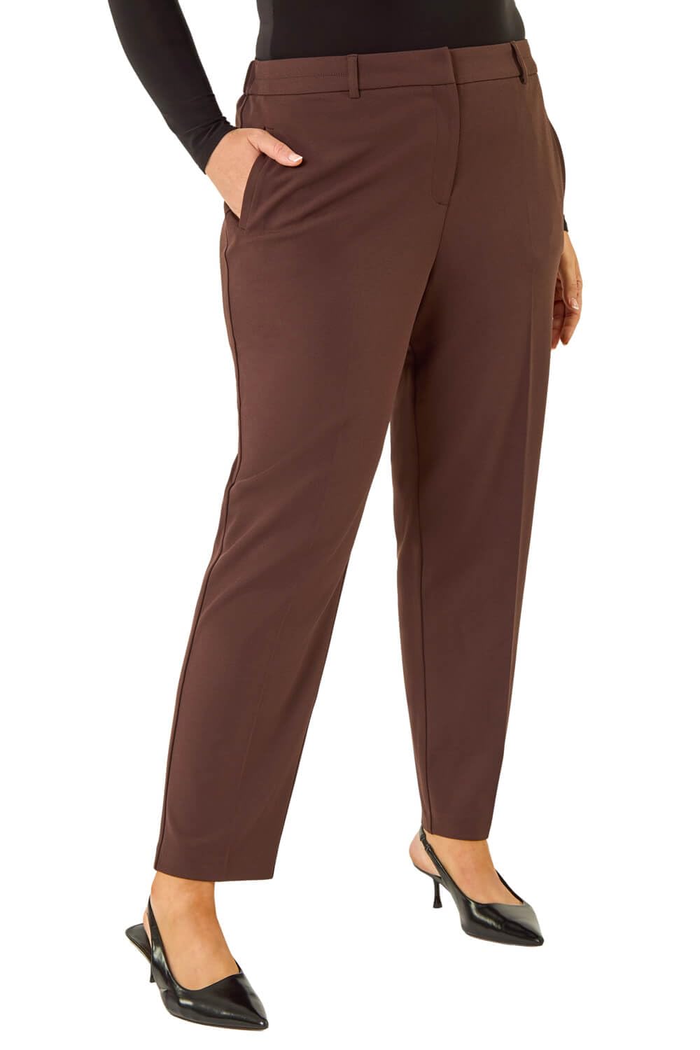 Roman Straight Leg Stretch Trousers for Women UK Ladies Work Office Smart Suit Pants Slacks Cigarette Tailored High Elasticated Waist Ankle Grazer Slim Angela - Dark Brown Plus - Size 18