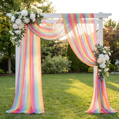Pardecor Rainbow Chiffon Wedding Arch Draping Fabric 2 Panels 6 Yard for Outdoor Ceremony 29''x18ft Long Tulle Decor for Wedding Arch Arbor