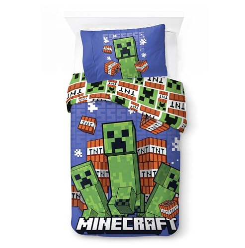 Minecraft Juego de Ropa de Cama Infantil | Funda Nórdica Individual de 140x200 cm con Funda de Almohada de 50x70 cm, 100% Algodón | Juego de Ropa de Cama Infantil Suave (Minecraft - Survive Spiral)