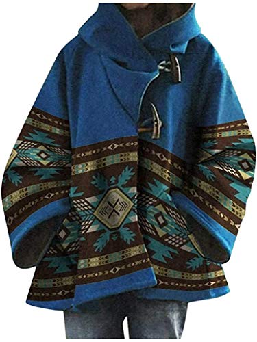 Preisvergleich Produktbild Retro-Wollmantel, Damen, lässig, Reißverschluss, Revers, langärmelig, bedruckt, weich, gemütlich, mit Krallen-Knöpfen, Mantel mit Taschen Gr. Large, A-Blau