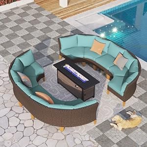PHI VILLA 11-Piece Outdoor Wicker Furniture Set with 56" Gas Fire Pit Table Half-Moon Curved Patio Conversation Waterproof Rattan Circle Sofa, Blue PHI VILLA 11 Piece Outdoor Wicker Furniture Set with 56 Gas Fire Pit Table Half Moon Curved Patio Conversation Waterproof Rattan Circle Sofa Blue