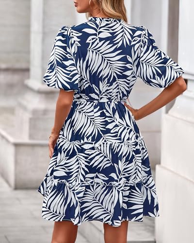 Image of BTFBM Women Summer Floral Short Dresses V Neck Short Sleeve Tiered Ruffle Boho Swing Dress A-Line Mini Dresses