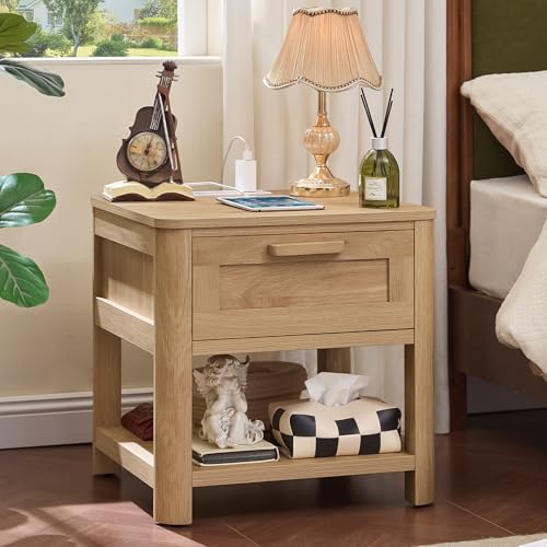 Image of Joaxswe Farmhouse Night Stand Set of 2 with Charging Station, Wood Bed Side Tables Bedroom Set of 2 with Drawer & Open Storage Shelf, Natural Wood